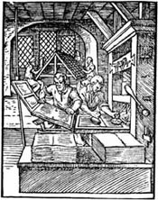wood cut of 16th century print shop